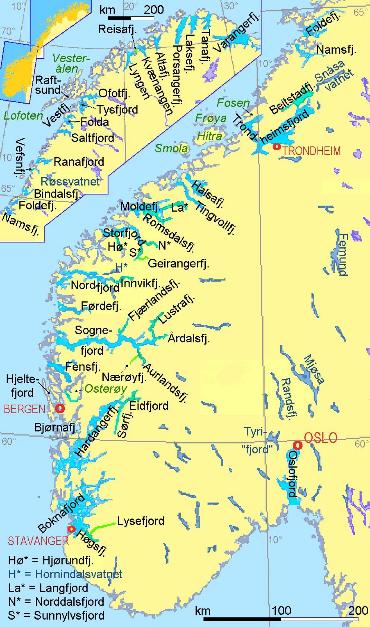 지도 노르웨이의 피요르드 표시